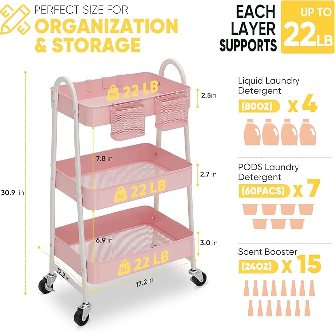 Sekey 3 Tier Rolling Cart, Hanging Cups, Hooks, Heavy Duty Mesh Rolling Storage Cart Organizer with 2 Lockable Wheels for Bathroom, Kitchen, Office, Craft, Makeup, Baby Essentials, Pink
