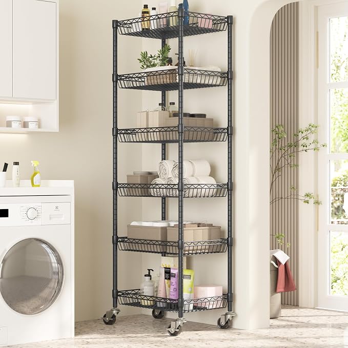 Himimi 6 Tier Rolling Storage Cart, Metal Wire Basket Rack with Wheels, Adjustable Storage Shelves Organizer Shelf for Kitchen Pantry Garage Laundry Room Bathroom, 17" W X 12" D X 63" H, Black