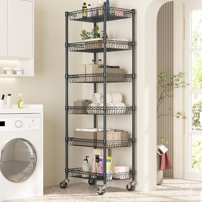 Himimi 6 Tier Rolling Storage Cart, Metal Wire Basket Rack with Wheels, Adjustable Storage Shelves Organizer Shelf for Kitchen Pantry Garage Laundry Room Bathroom, 17" W X 12" D X 63" H, Black