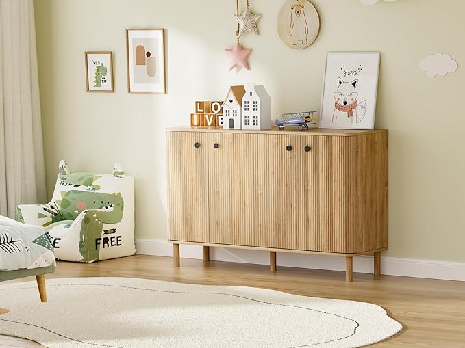 Fluted Sideboard Cabinet, Modern Buffet Cabinet, Storage Cabinet with Adjustable Shelves & Solid Wood Legs, Accent Credenza Sideboard for Kitchen, Coffee Bar, Living Room, Entryway, Hallway