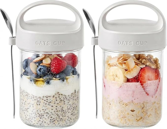 2Pack Overnight Oats Containers with Lids and Handle,14 oz Airtight Oatmeal Container,Mason Jars with Lid for Cereal,Milk,Fruit,Yogurt,On The Go Container,Salad Jars,Glass Jars (Grey)