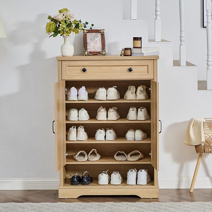 SOOWERY Shoe Cabinet with Drawer, Farmhouse Shoe Storage Cabinet with Doors, 5 Tiers Narrow Shoe Organizer for Entryway, Foyer, Hallway, Natural Oak