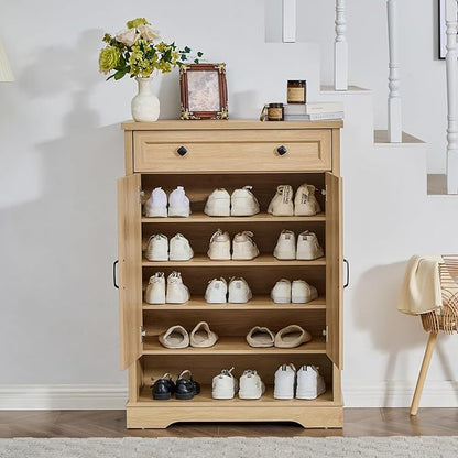 SOOWERY Shoe Cabinet with Drawer, Farmhouse Shoe Storage Cabinet with Doors, 5 Tiers Narrow Shoe Organizer for Entryway, Foyer, Hallway, Natural Oak