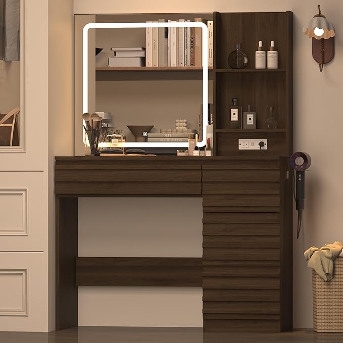 Fluted Vanity Desk with HD Mirror and Lights, Wood Makeup Vanity Table with 4 Drawers & Open Shelves, Mid Century Dressing Table Set with Charging Station, 3 Color Lighting Modes for Bedroom, Walnut
