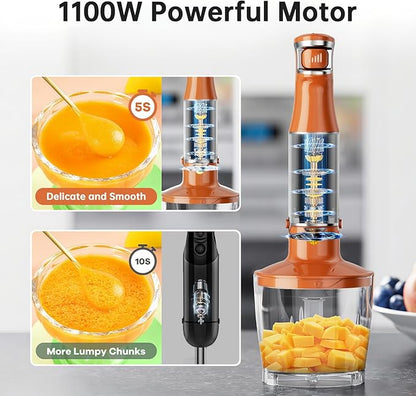 Turelar Immersion Blender Handheld Corded Hand Blenders Set 1100W, Trigger Variable Speed 5 in 1 Stick Emulsifier with Chopper, Whisk and Frother for Soup, Baby Food and Smoothies, Orange