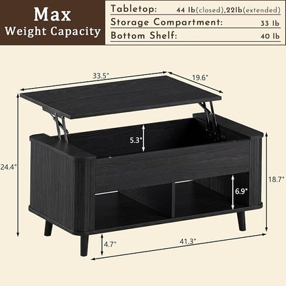 HUAHUU 41.3" Lift Top Coffee Table, Modern Coffee Table with Storage, Fluted Coffee Tables with Lift Tabletop, Hidden Storage Compartment & Lower Shelf for Living Room, Home Office, Black