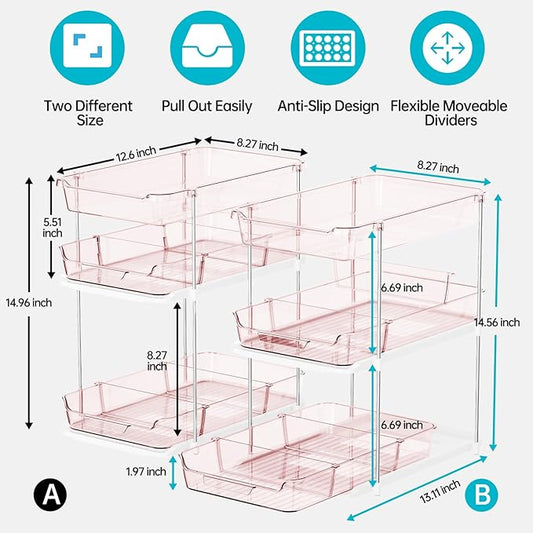 Delamu 2 Pack 3-Tier Bathroom Under Sink Organizers and Storage, Multi-Purpose Stackable Pantry Organization and Storage, Pull Out Clear Kitchen Bathroom Cabinet Organizer with Movable Dividers, Pink
