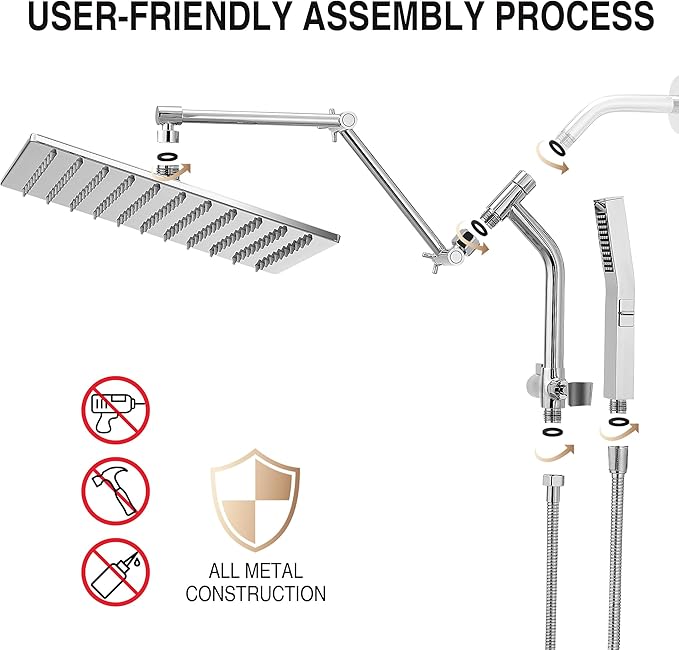 All Metal 12 Inch Rain Shower Head with Handheld Built-in Power Wash Mode, High Pressure Waterfall Rainfall Square Shower Heads with 16" Adjustable Extension Arm, Dual Showerhead(Chrome)