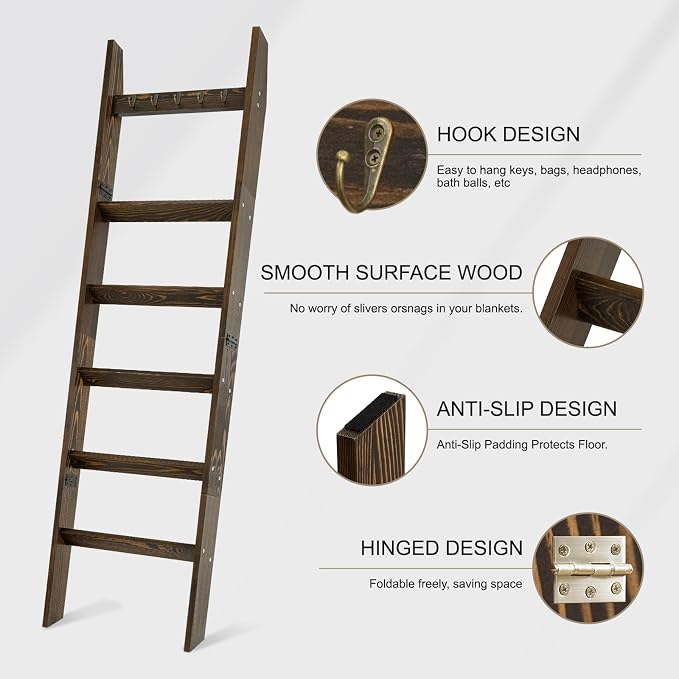 TEAKMAMA 6-Tier Blanket Ladder for Living Room and Bedroom,5.4 Ft Wall Leaning Quilt Rack with Hooks,Rustic Decorative Farmhouse Blanket Storage,Ladder Holder,Christmas Decorations,Rustic Brown