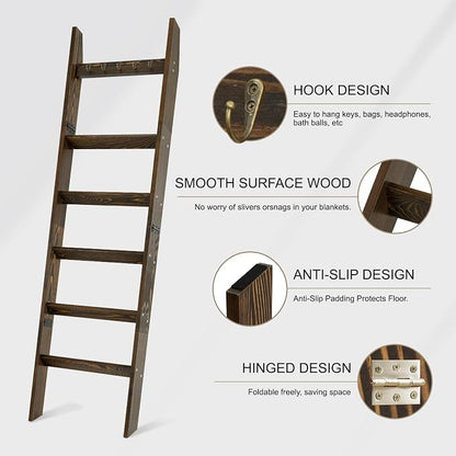 TEAKMAMA 6-Tier Blanket Ladder for Living Room and Bedroom,5.4 Ft Wall Leaning Quilt Rack with Hooks,Rustic Decorative Farmhouse Blanket Storage,Ladder Holder,Christmas Decorations,Rustic Brown