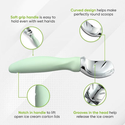 Spring Chef Ice Cream Scoop with Comfortable Handle, Professional Heavy Duty Sturdy Scooper, Premium Kitchen Tool for Cookie Dough, Gelato, Sorbet, Pistachio