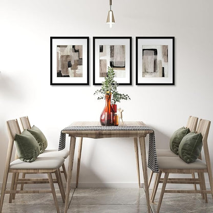 ArtbyHannah 11x14 Inch Black Framed Abstract Wall Art Set of 3 with Brown Black Tan Blocks for Wall Decor, Extra Art Prints of Botanical Included
