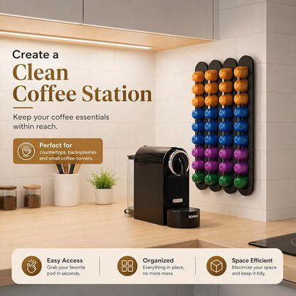 Bamboo Coffee Pod Holder, Adhesive Wall Mount (No Drilling) for Cabinet Door, 36-Capsule Storage (Set of 4) — Vertical/Horizontal — Compatible with Nespresso Original Line-Black
