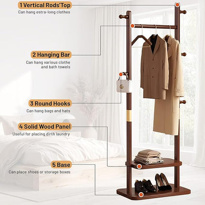 Freestanding Coat Rack with 2 Storage Shelves and 5 Hooks, Heavy Duty Wood Garment Rack for Bedroom, Hallway, Entryway (23.6x11.4x62.6 in)