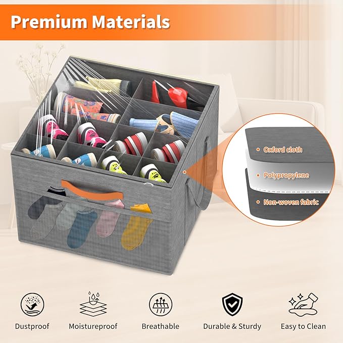 Aokeyee Shoe Organizer for Closet, 2 Pack Foldable Shoe Storage Organizer Box w/Clear Cover and 4 Reinforced Handles, Space Saving Shoes Bin Fits up to 16-32 Pairs, Grey