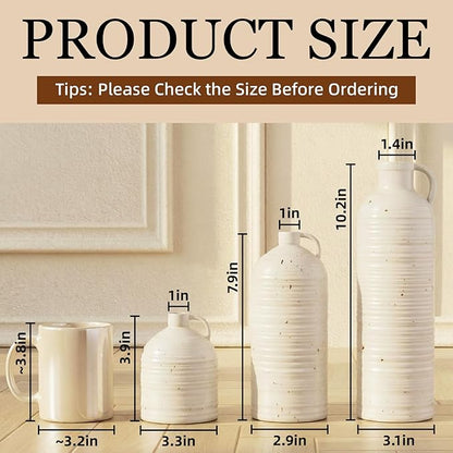 Firehold Ceramic Vase Set of 3, Rustic Farmhouse Boho Vases, Textured Country Home Decor, Small Decorative Vases for Shelves Mantel Table, Gift Set for Dried Pampas Grass & Fresh Flowers (White)