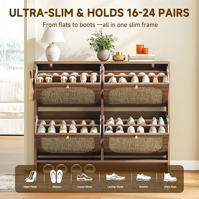 Nicetree Freestanding Ultra Slim Arched Rattan Accent Shoe Storage Cabinet for Entryway - 4 Flip Drawers & 3-Tier Adjustable Shelves, Farmhouse Modern Rustic Shoe Rack for Hallway, Foyer Oak