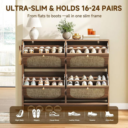 Nicetree Freestanding Ultra Slim Arched Rattan Accent Shoe Storage Cabinet for Entryway - 4 Flip Drawers & 3-Tier Adjustable Shelves, Farmhouse Modern Rustic Shoe Rack for Hallway, Foyer Oak