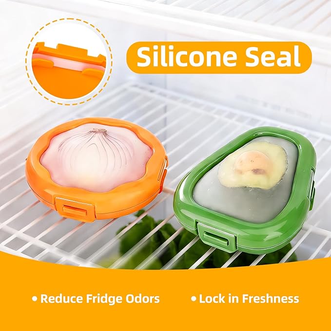 2pc Fruit Storage Containers for Fridge, Avocado Saver and Onion Storage Set, Reusable Silicone Food Storage Containers for Tomatoes, Lemons, and Potatoes (2)