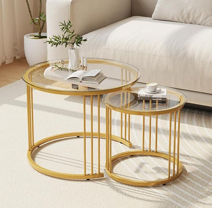 Garden 4 you Nesting Coffee Table, 23.6" Round Coffee Table Set of 2, Glass Nesting Table with Metal Frame, Ceter Tables for Living Room Bedroom Balcony, Gold