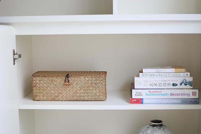 DOKOT Seagrass Woven Storage Basket with Lid, Rectangular Narrow Tampon Toilet Tank Organizer