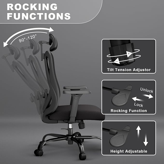 Ergonomic Office Chair with Adjustable Lumbar Support, High Back Mesh Computer Desk Chairs with 3D Headrest and Armrest, 360° Swivel Wheels and Rocking Function, for Home, Office, Black