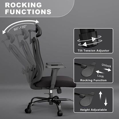 Ergonomic Office Chair with Adjustable Lumbar Support, High Back Mesh Computer Desk Chairs with 3D Headrest and Armrest, 360° Swivel Wheels and Rocking Function, for Home, Office, Black