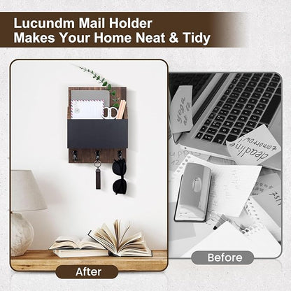 Key and Mail Holder for Wall Mount, Entryway Mail Holder with 2 Slot, Key Holder with 3 Sturdy Hooks for Coat, Dog Leash, Decorative Key Rack (8.86”W x 11.42”H x 3”D) (Brown)