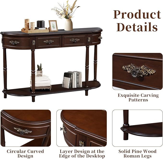 HMFULE Retro Curved Console Table, 52" Half Moon Console Table Sofa Table Entryway Table with 2 Drawers 1 Open Shelf Solid Pine Legs for Living Room,Entryway,Hallway,Espresso