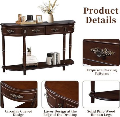 HMFULE Retro Curved Console Table, 52" Half Moon Console Table Sofa Table Entryway Table with 2 Drawers 1 Open Shelf Solid Pine Legs for Living Room,Entryway,Hallway,Espresso