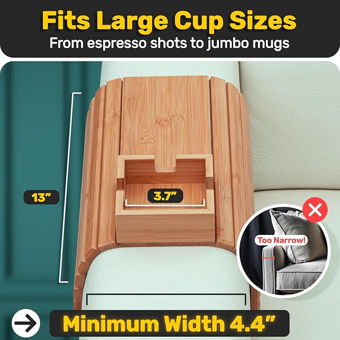 FUN FOREST Bamboo Couch Holder - Non-Slip Furniture Protector, Sofa Armrest Table for Mugs & Tumblers – Weighted 16” Large Natural Bamboo Holder for Recliners and Loveseats