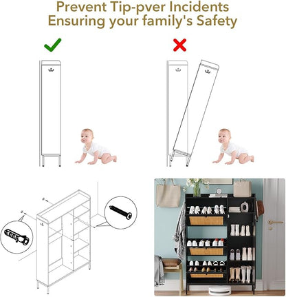 Rattan Wooden Shoe Cabinet, Freestanding 3-Flip Drawer Shoe Storage Organizer, Side Cabinet & Top Fence, Easy Assembly Shoe Rack for Entryway Hallway Living Room,Black