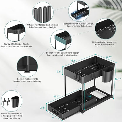 2 Pack Under Sink Organizer with Pull-Out Drawer, 2-Tier Cabinet Storage for Kitchen & Bathroom, Tool-Free Assembly, Fits Cleaning Supplies & Toiletries, Space Saving for Small Cabinets, Black
