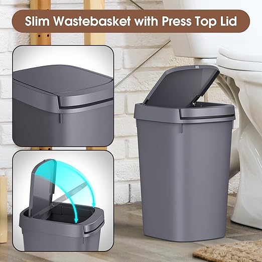 CEROELDA 3 Pack Bathroom Trash Can with Lid, 10L/2.6 Gal Small Garbage Can with Press Top Lid, Slim Plastic Waste Basket for Toilet, Office, Bedroom (Grey)