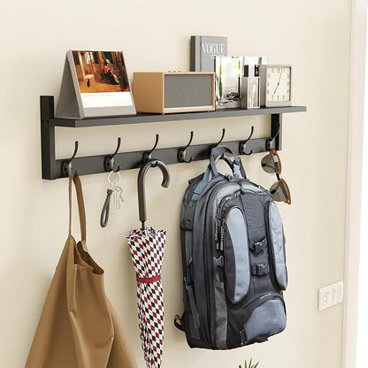BAMEOS Wall Hooks with Shelf 35 Inch Length Entryway Hanging Shelf Wood Coat Hooks Wall-Mounted Coat Hook Rack with 7 Dual Hooks for Bathroom, Living Room, Bedroom (Black)