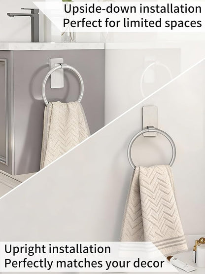 STWWO Brushed Nickel Towel Ring, Hand Towel Holder for Bathroom, Self Adhesive Hand Towel Rings for Bath, RV, No Drill Hole, 2 Pack