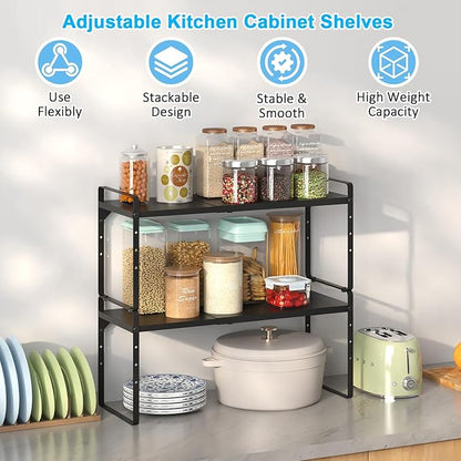 15.5 to 25.5 Inch Kitchen Cabinet Shelf Organizers, Adjustable Kitchen Counter Shelf Organizer, Set of 3 Expandable Countertop Storage Shelves, Stackable Design, 30LBS Heavy Duty, Space Saver