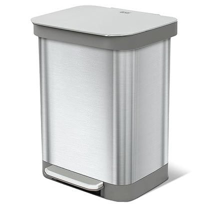 Glad 13 Gallon All Brushed Stainless Steel Trash Can with Clorox Odor Protection | Large Metal Kitchen Garbage Bin with Soft Close Lid, Garbage Bag Rings, Step On Foot Pedal and Waste Bag Roll Holder