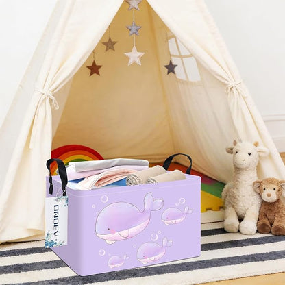Rectangular Purple Whale Pattern Storage Bin, Decorative Canvas Laundry Basket with Dual Handles, Foldable Household Toy Organizer, Multipurpose Party Gift Basket for Bedroom Dorm
