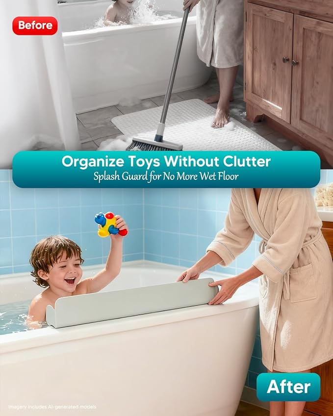 24 Inch Bathtub Splash Guard, Silicone Bath Tub Tray with 10 Strong Suction Cups, Bathtub Shelf Toy Holder, Prevent Water Spills in Bathroom, Easy Clean & Fold, Grey