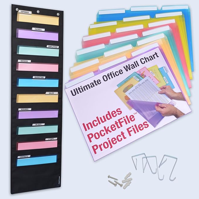 Ultimate Office WalMaster Heavy Duty 10-Pocket Chart Filing System for Classroom and Office, Wall File Organizer PLUS 18 PocketFiles, Mounting Hardware and Spring-Loaded Door Hooks