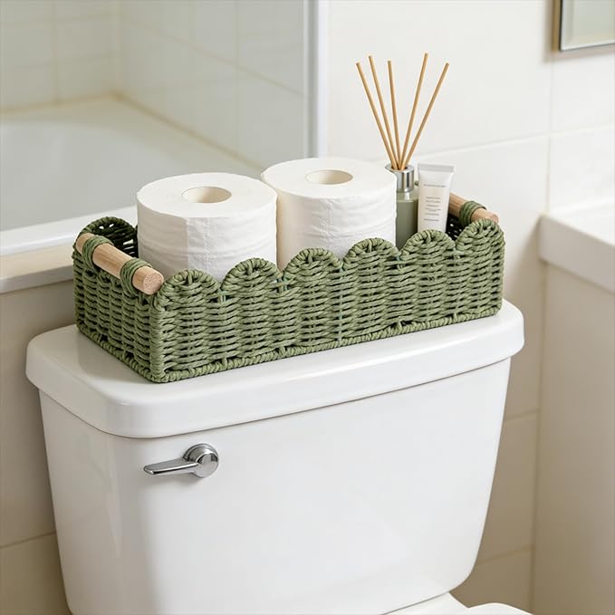 Green Paper Rope Scalloped Basket with Wooden Handles, Decorative Storage Basket for Coffee Table, Bathroom Counter, Shelves & Entryway – 14" x 6.3" x 3.9"