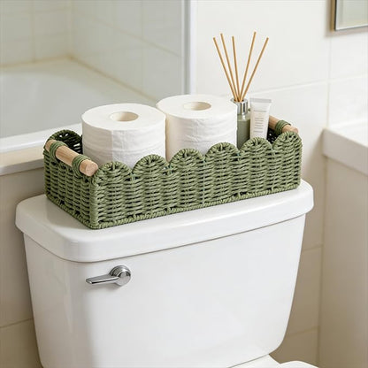 Green Paper Rope Scalloped Basket with Wooden Handles, Decorative Storage Basket for Coffee Table, Bathroom Counter, Shelves & Entryway – 14" x 6.3" x 3.9"