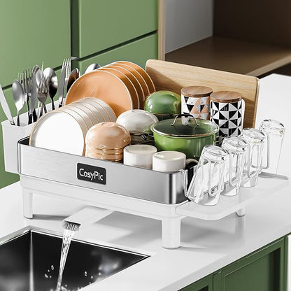 Dish Racks, Thicker Premium 304 Stainless Steel Dish Drying Rack for Kitchen Counter, Automatic Drainage Spout, Dish Drainer & Drainboard Set with Utensil Holder and Cup Holder, White