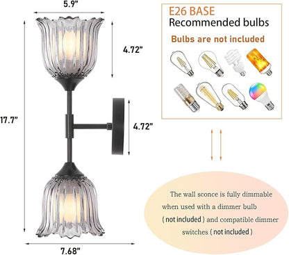 2-Lights Vintage Wall Sconce with Smoke Gray Glass Shades Mid Century Bathroom Vanity Wall Light Fixtures Industrial Matte Black Wall Lamp for Bedroom Mirror Living Room Restaurant