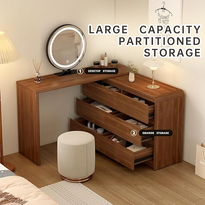 Makeup Vanity Desk with Mirror and Lights, 50-90inch Extendable Mid Century Walnut Makeup Dresser Combo with 47 Inch 6 Drawer Dresser, L Shaped Vanity Desk and Stool, Brown