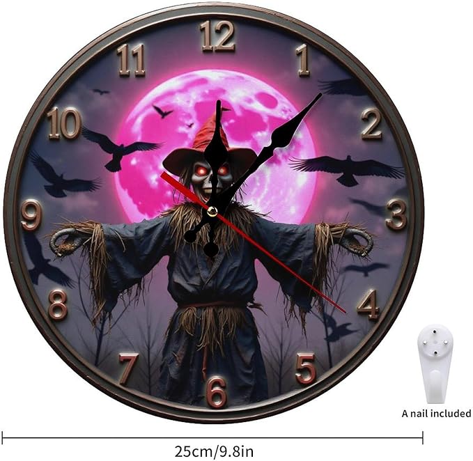 Wall Clock, Spooky Scarecrow Non Ticking Wall Clocks Battery Operated, Black Wooden Wall Clocks for Living Room, Kitchen, Halloween Decorative 10 Inch