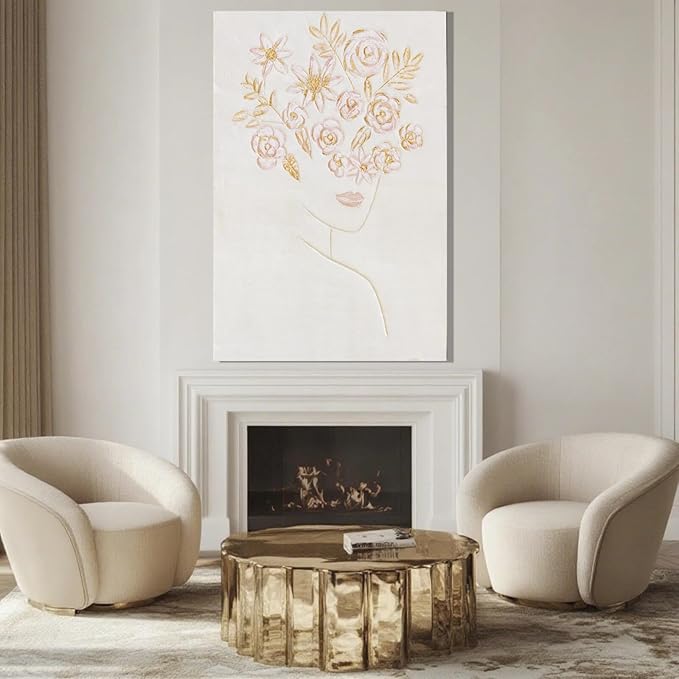 Framed Minimalist Wall Art, Beautiful Woman with Pink Flowers, Abstract Wall Art for Living Room, Aesthetic Posters for Room, Office Wall Decor for Women, 24" x 36"