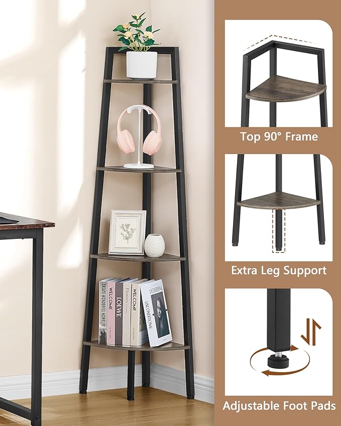 Hoctieon Corner Shelf, 4-Tier Corner Bookshelf, Rustic Ladder Shelf, Industrial Display Stand for Living Room, Kitchen, Home Office, Balcony, Small Space, Metal Frame, Grey