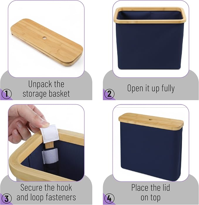BAMBOO LAND- Toilet Paper Storage with Bamboo Lid for 12 Rolls, Dark Blue, Waterproof Bamboo Toilet Paper Holder Basket
